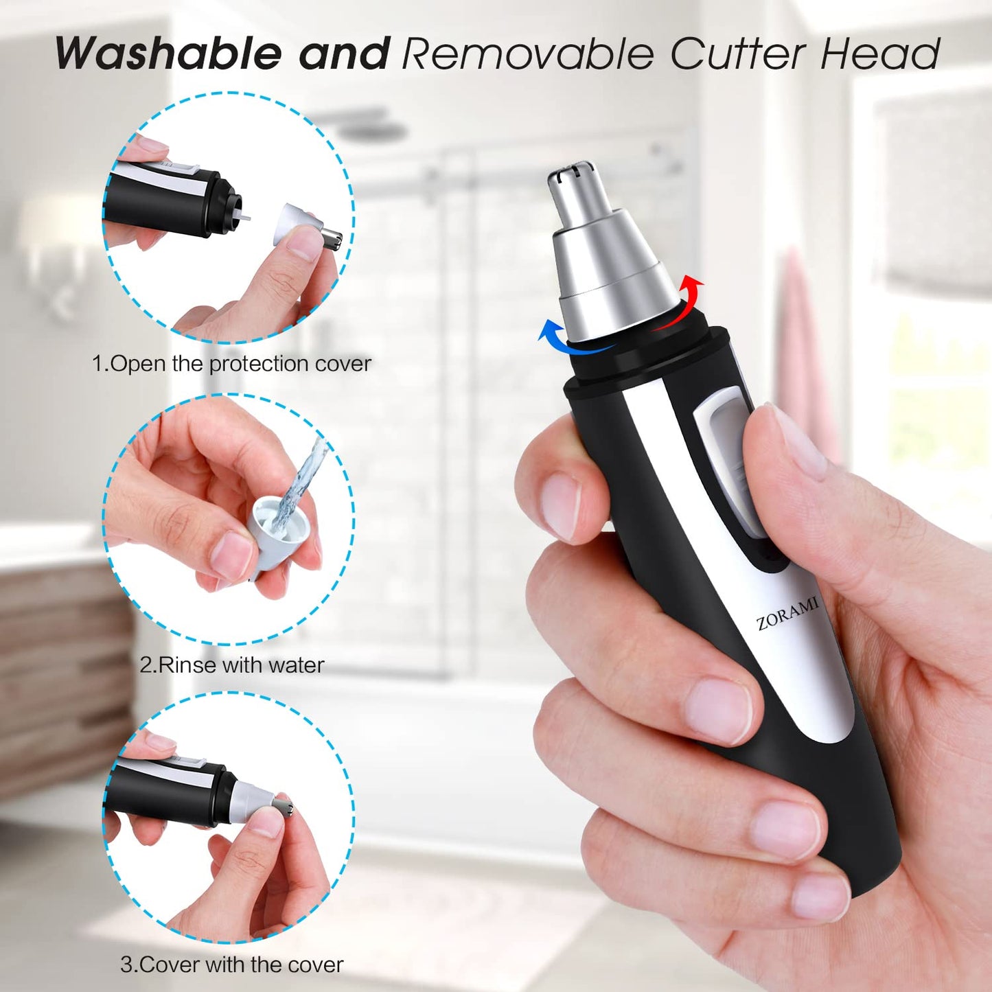 Ear and Nose Hair Trimmer Clipper - 2025 Professional Painless Eyebrow & Facial Hair Trimmer for Men Women, Battery-Operated Trimmer with IPX7 Waterproof, Dual Edge Blades for Easy Cleansing Black