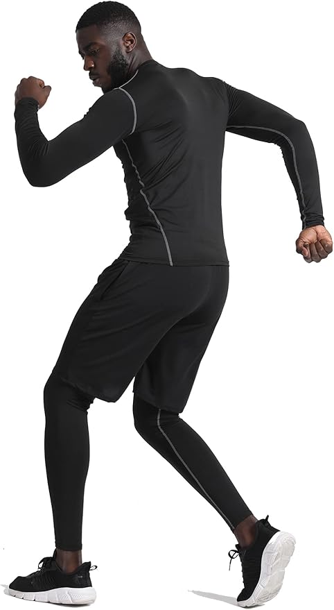 BUYJYA 5Pcs Men's Compression Pants Shirt Top Long Sleeve Jacket Athletic Sets Gym Clothing Mens Workout