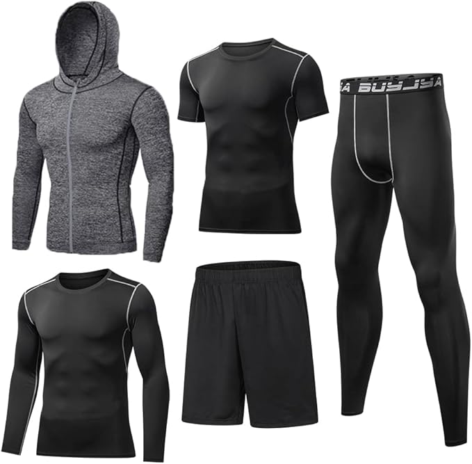 BUYJYA 5Pcs Men's Compression Pants Shirt Top Long Sleeve Jacket Athletic Sets Gym Clothing Mens Workout