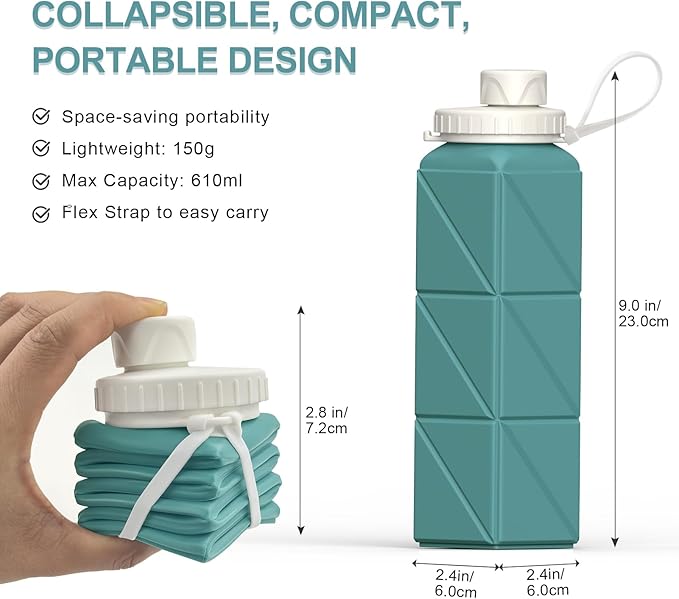 Collapsible Water Bottles 20.6oz, Silicone Foldable Portable Travel Water Bottle, Lightweight Reusable Leakproof for Traveling Camping Hiking Cycling Yoga Sports Outdoor, 1 Pack (Blue)
