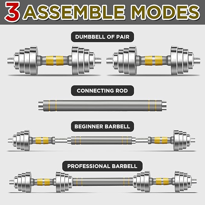 PHOEROS Adjustable Dumbbell Set - 44/66/88 LBS weights set, Dumbbell Barbell 3 in 1, Steel Dumbbells Pair with Connecting Rod for Adults Women Men Fitness Workout, Home Gym Exercise Training Equipment (44, Pounds)