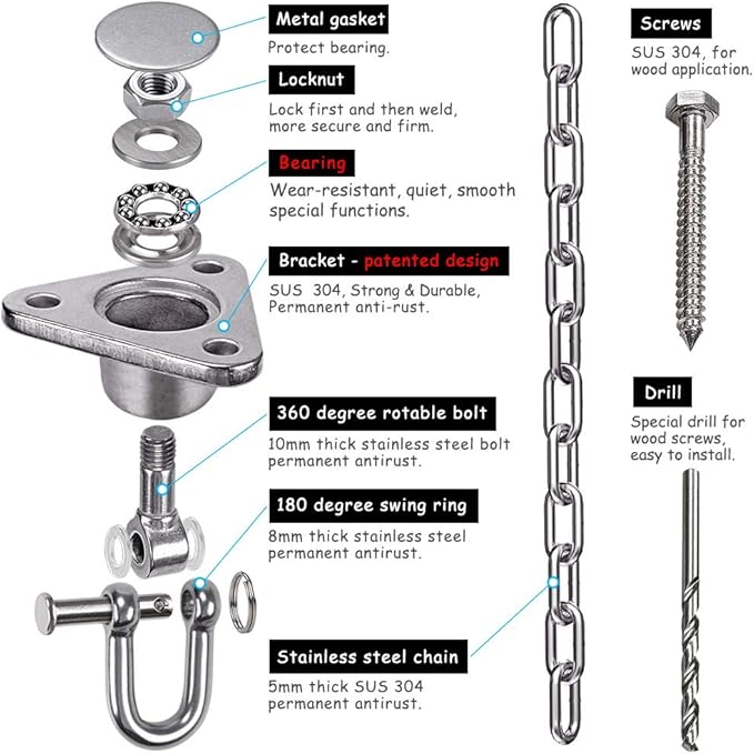 IOH Silent Bearing Swing Hanger Hammock Chair Hanging Kit with 39.37“/3.28ft Stainless Steel Chain, SUS 304 Anti-Rust, Heavy Duty 1100 LB Capacity, Playground Punching Bags (3 Screws for Wooden)