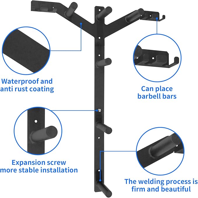 Wall Weight Plate Holder and Barbell Holder, 6 Pegs & 4 Barbell Storage Racks Load Up to 1190 LBS, Wall Mounted Weight Plate Holder, Bumper Plate Storage for Home Gym, Fit 2" Olympic Plates