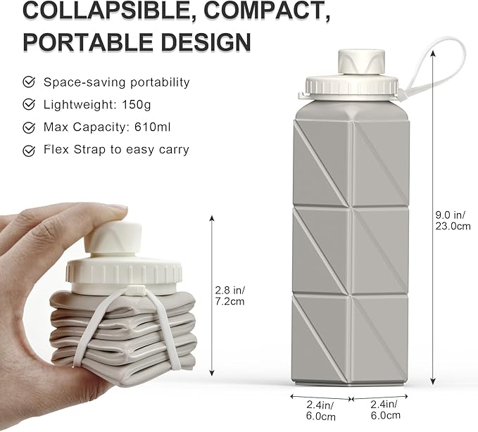 Collapsible Water Bottles 20.6oz, Silicone Foldable Portable Travel Water Bottle, Lightweight Reusable Leakproof for Traveling Camping Hiking Cycling Yoga Sports Outdoor, 1 Pack (Starlight)