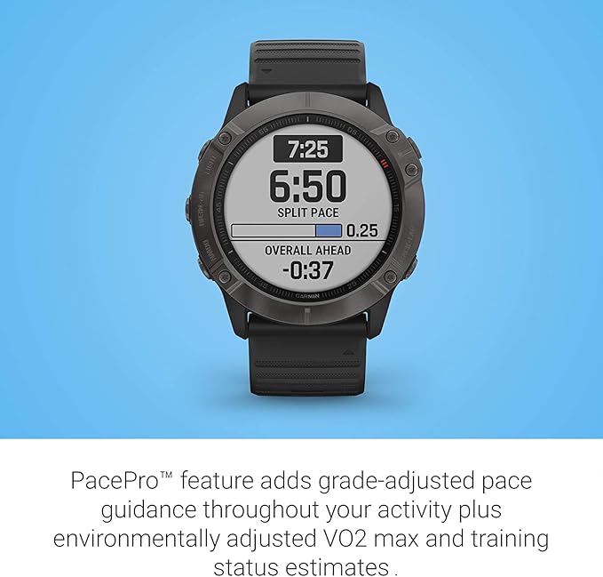 Garmin fenix 6X Pro Solar, Premium Multisport GPS Watch with Solar Charging Capabilities, Features Mapping, Music, Grade-Adjusted Pace Guidance and Pulse Ox Sensors, Dark Gray with Black Band