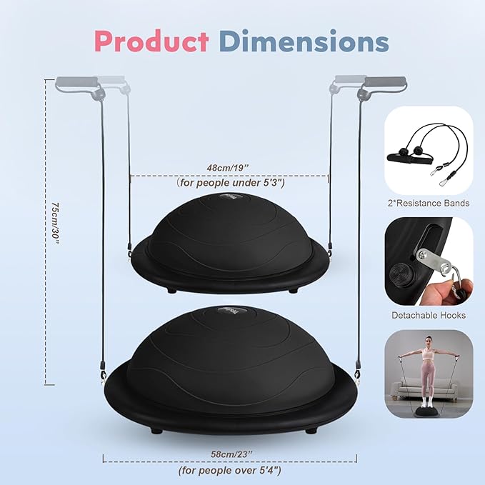 Half Balance Ball Trainer, Inflatable Half Exercise Ball Balance Trainer with Pilates Ball & Resistance Bands, Non-Slip Half Yoga Ball for Home Gym Full Body Workouts