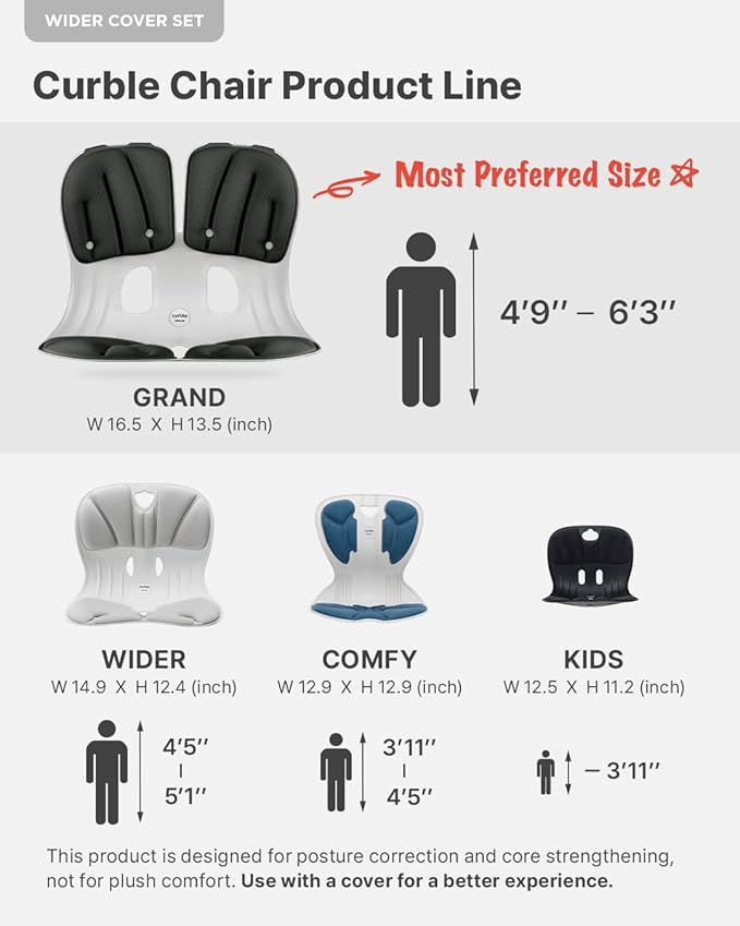 curble Wider(Standard Wide) Cover Set – Lower Back Support Chair with Detachable Cover, Lumbar Support Back Posture Corrector, Back Pain Relief (Set Grey)
