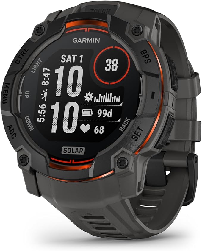 Garmin Instinct 3 Advanced GPS Adventure Watch, Black with Charcoal Band | 50mm Solar Charged Display | Wrist Based Heart Rate Monitor with Signature Stand Power Bundle