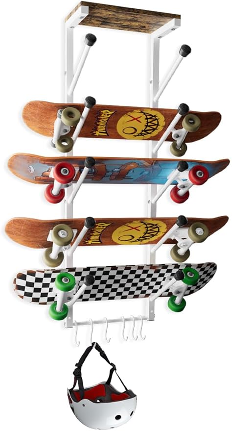 Koutemie Skateboard Rack Wall Mount with Five-Layer Skate Board Stand for Storage Longboard Deck Organizer, Skateboard Wall Display Hanger Holder with 6 Hooks for Home or Garage