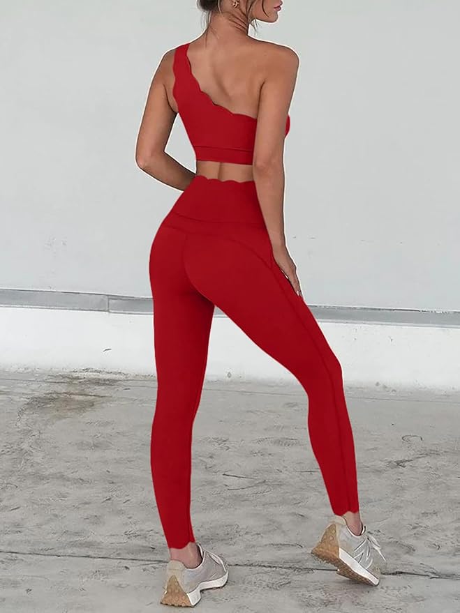 Fisoew Workout Sets for Women 2 Piece High Waisted Leggings with One Shoulder Stretchy Sports Bra Gym Tracksuits