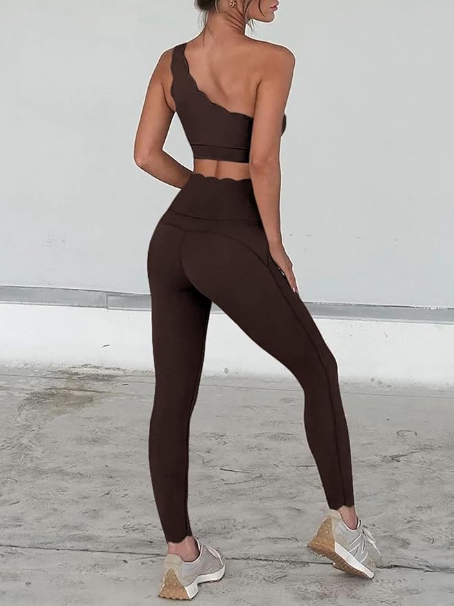Fisoew Workout Sets for Women 2 Piece High Waisted Leggings with One Shoulder Stretchy Sports Bra Gym Tracksuits