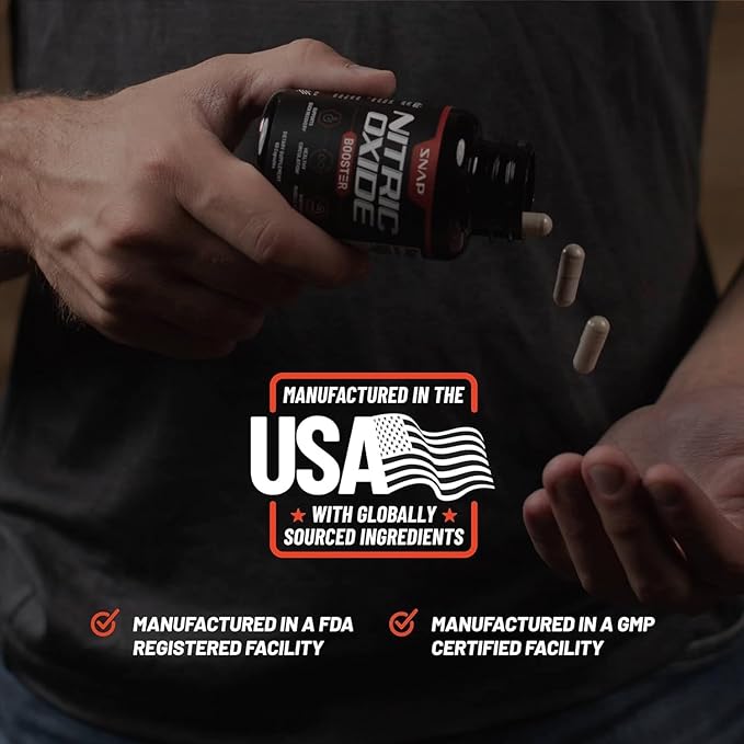 Snap Supplements Nitric Oxide Booster Supplement with L Arginine and L Citrulline Essential Amino Acids and Ginseng Root, Energy, Heart Health, Muscle Growth & Circulation Support, 90 Capsules