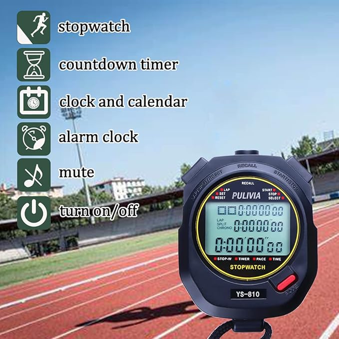 Sports Stopwatch Timer 10 Lap Split Memory Digital Stopwatch 12/24 Hour 3 Rows