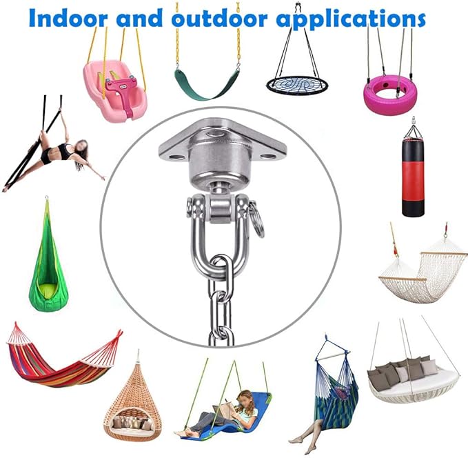 IOH Silent Bearing Swing Hanger Hammock Chair Hanging Kit with 39.37“/3.28ft Stainless Steel Chain, SUS 304 Anti-Rust, Heavy Duty 1100 LB Capacity, Playground Punching Bags (3 Screws for Wooden)