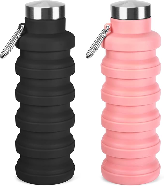 Collapsible Water Bottles 17oz, Portable Leak-Proof Travel Water Bottle, Reuseable BPA Free Silicone Foldable Water Bottle with Carabiner for Gym, Traveling, Camping, Hiking, Sports(Black+Pink)