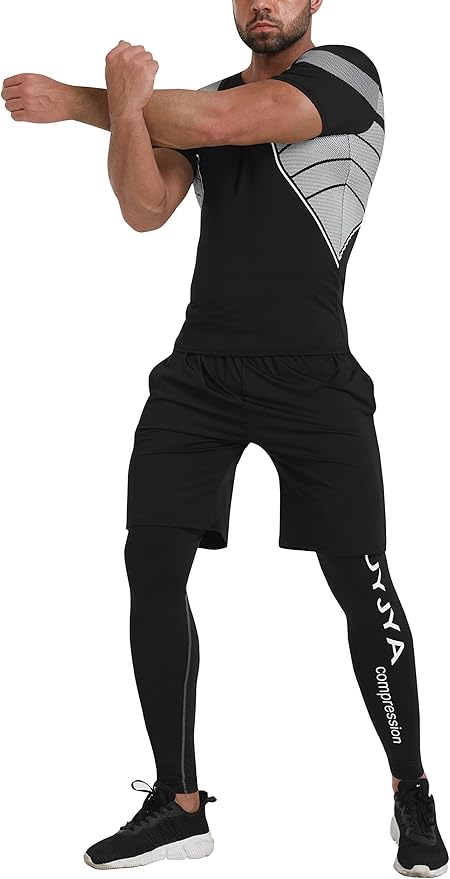 BUYJYA 5Pcs Men's Compression Pants Shirt Top Long Sleeve Jacket Athletic Sets Gym Clothing Mens Workout