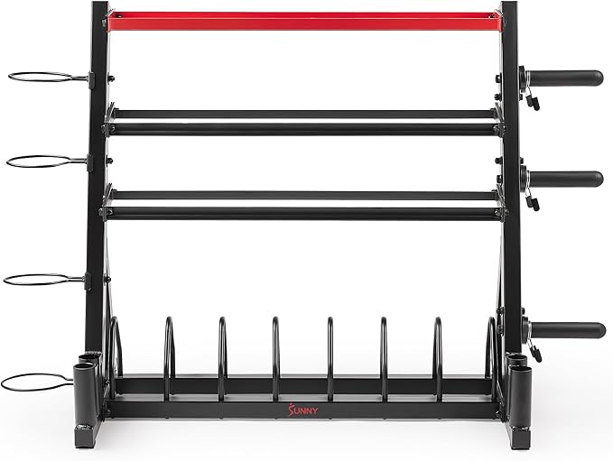 Sunny Health & Fitness Multi-Weight Storage Rack Stand for Dumbbells, Kettlebells, Olympic Weight Plates, Barbell, Medicine Ball