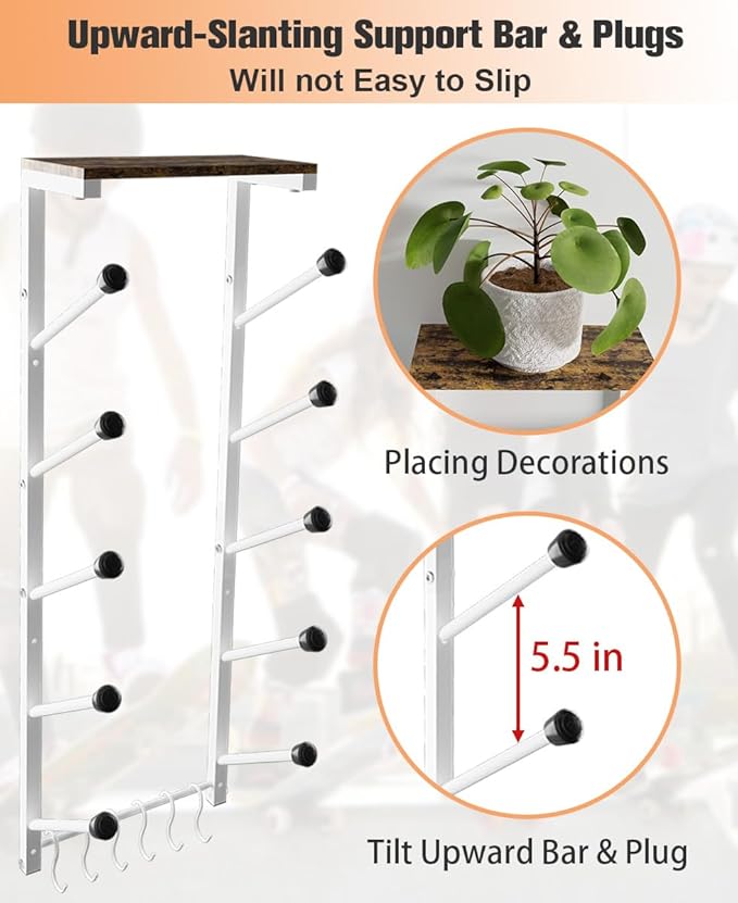 Koutemie Skateboard Rack Wall Mount with Five-Layer Skate Board Stand for Storage Longboard Deck Organizer, Skateboard Wall Display Hanger Holder with 6 Hooks for Home or Garage