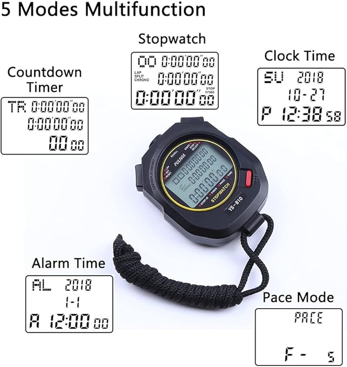 Sports Stopwatch Timer 10 Lap Split Memory Digital Stopwatch 12/24 Hour 3 Rows