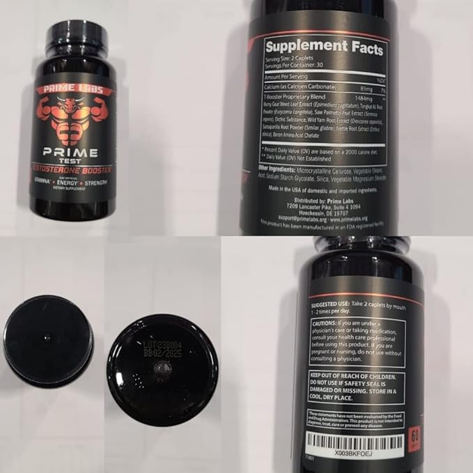 Prime Labs Men's Testosterone Booster (2-Pack) - Stamina, Endurance, & Strength - 120 Caplets