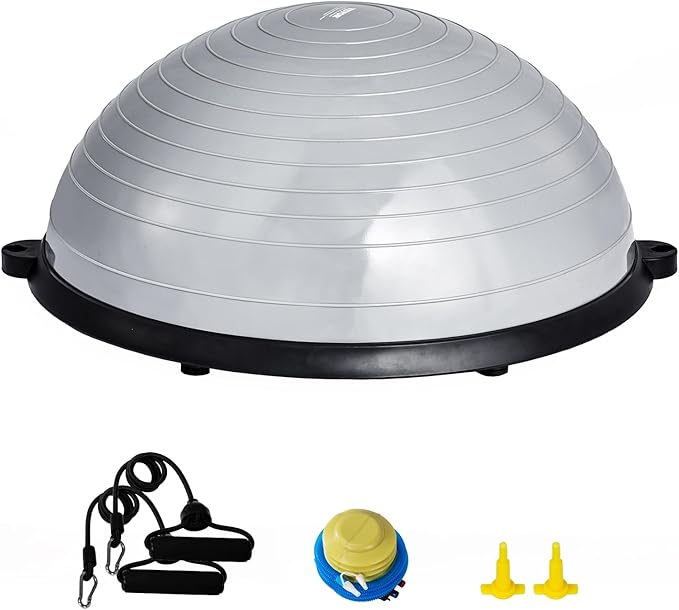 VEVOR Half Exercise Ball Trainer, 23/26 inch Balance Ball Trainer, 1500lbs Capacity Stability Ball, Yoga Ball with Resistance Bands & Foot Pump, Strength Fitness Ball for Home Gym Full Body Workout Black
