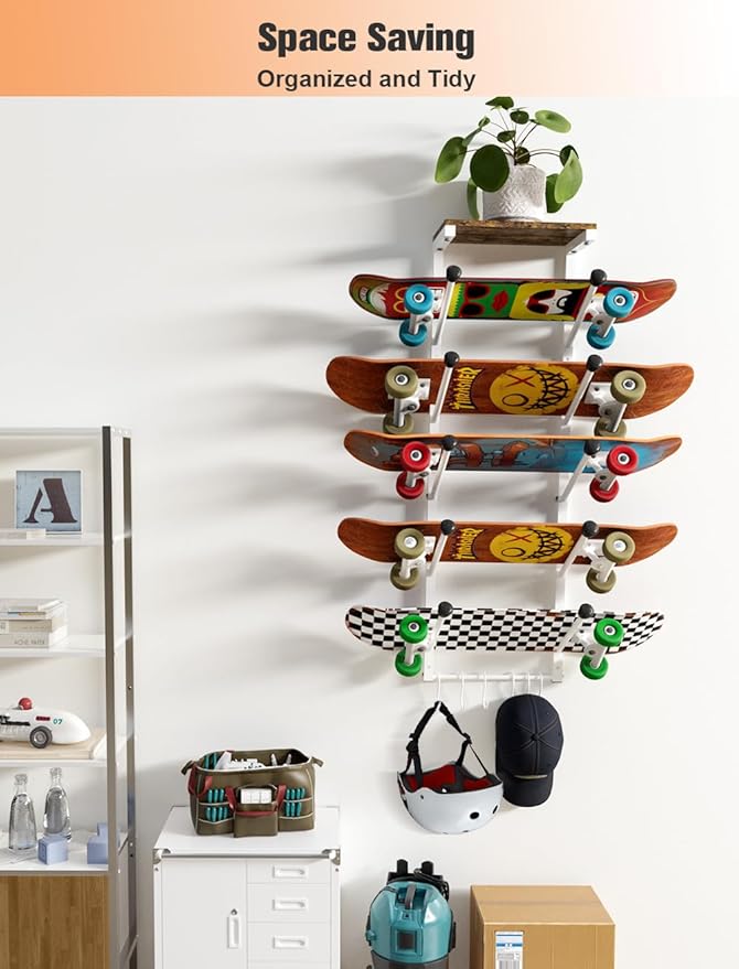 Koutemie Skateboard Rack Wall Mount with Five-Layer Skate Board Stand for Storage Longboard Deck Organizer, Skateboard Wall Display Hanger Holder with 6 Hooks for Home or Garage