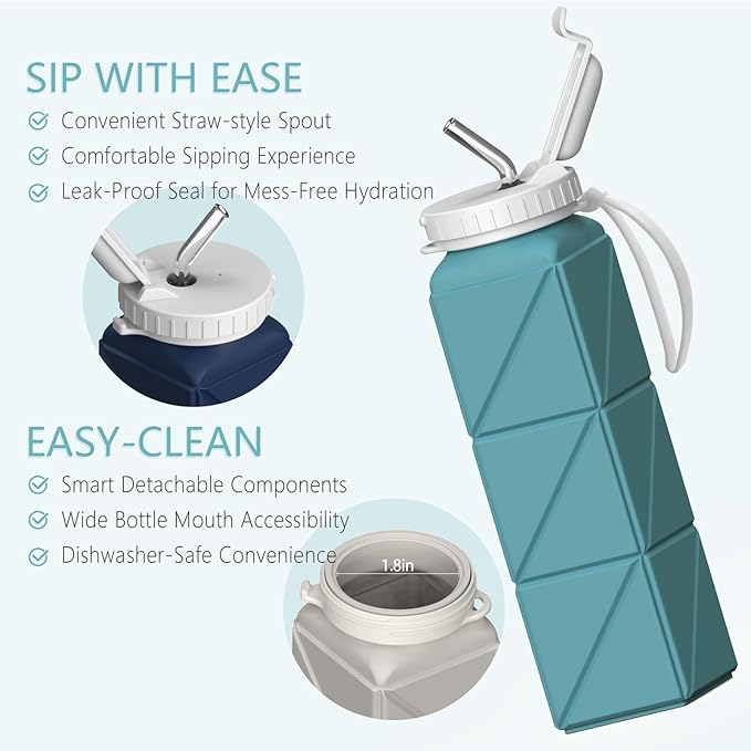 Collapsible Water Bottles with Straw 20.6oz, Silicone Foldable Portable Water Bottle, Lightweight Reusable Leakproof for Travel Camping Hiking Cycling Yoga Sports, 1 Pack (Blue)