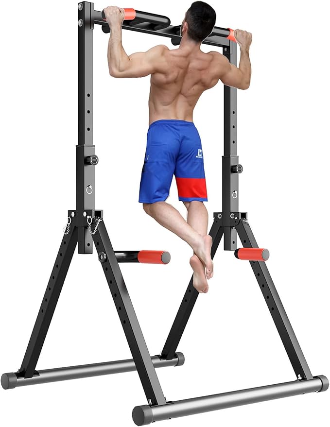 DOBESTS Foldable Power Tower Pull Up Bar Dip Station Adjustable Multifunction Workout Pull Up Tower Station Gym Strength Training Equipment for Home Outdoor, Triangular Legs, Support 700lbs