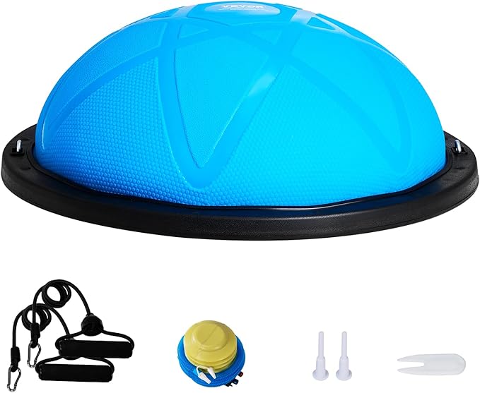 VEVOR Half Exercise Ball Trainer, 23/26 inch Balance Ball Trainer, 1500lbs Capacity Stability Ball, Yoga Ball with Resistance Bands & Foot Pump, Strength Fitness Ball for Home Gym Full Body Workout Black