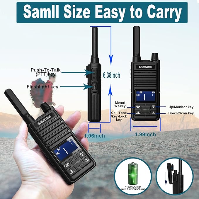 SAMCOM GMRS Walkie Talkies for Adults T2 Rechargeable 2 Watt Radio,30 Channels (4 Pack)