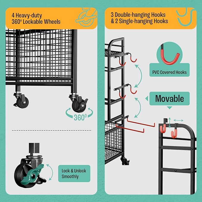 Yes4All Dumbbell Rack, Weight Rack for Home Gym, Sports Equipment Organizer for Dumbbells Kettlebells Yoga Mat Foam Roller and Balls, All in One Gym Workout Storage with Wheels and Hooks