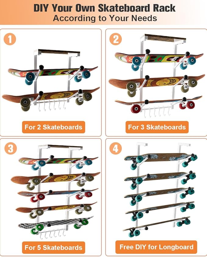 Koutemie Skateboard Rack Wall Mount with Five-Layer Skate Board Stand for Storage Longboard Deck Organizer, Skateboard Wall Display Hanger Holder with 6 Hooks for Home or Garage
