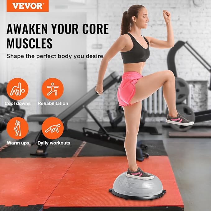 VEVOR Half Exercise Ball Trainer, 23/26 inch Balance Ball Trainer, 1500lbs Capacity Stability Ball, Yoga Ball with Resistance Bands & Foot Pump, Strength Fitness Ball for Home Gym Full Body Workout Black
