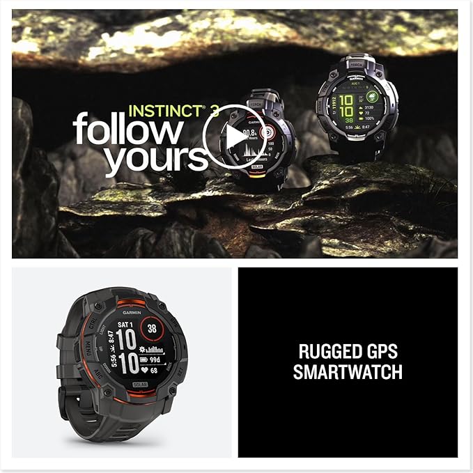 Garmin Instinct 3 Advanced GPS Adventure Watch, Black with Charcoal Band | 50mm Solar Charged Display | Wrist Based Heart Rate Monitor with Signature Stand Power Bundle