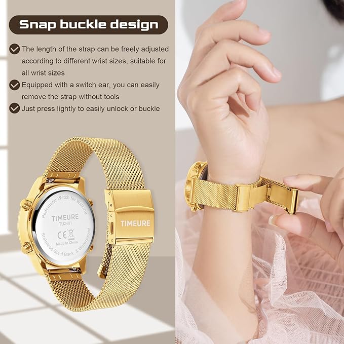 Women's Step Counter Pedometer Watch with Stainless Steel Bracelet, Stylish Design, No App, No Charging Needed for Step, Calorie, Distance, Alarm, Countdown Timer,TU-2401