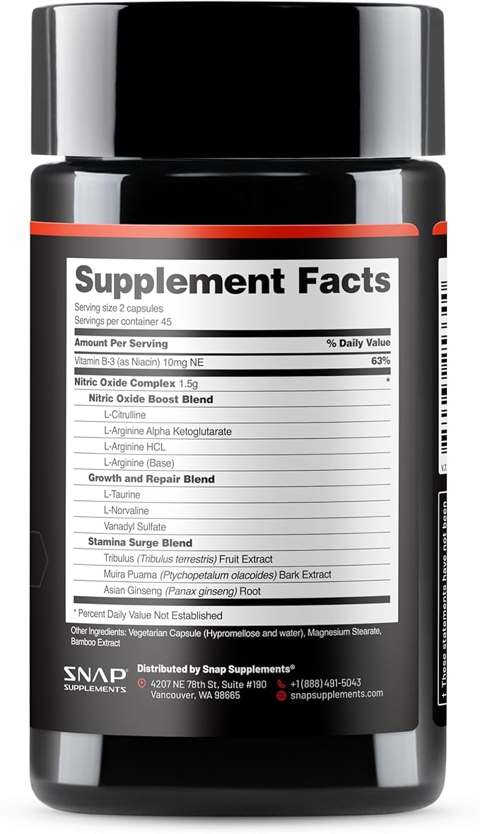 Snap Supplements Nitric Oxide Booster Supplement with L Arginine and L Citrulline Essential Amino Acids and Ginseng Root, Energy, Heart Health, Muscle Growth & Circulation Support, 90 Capsules