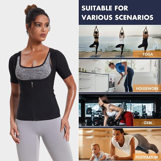Sauna Suit Shirt for Women Sweat Jacket Hot Waist Trainer Zipper Short Sleeve Workout Vest Tank Top Body Shaper