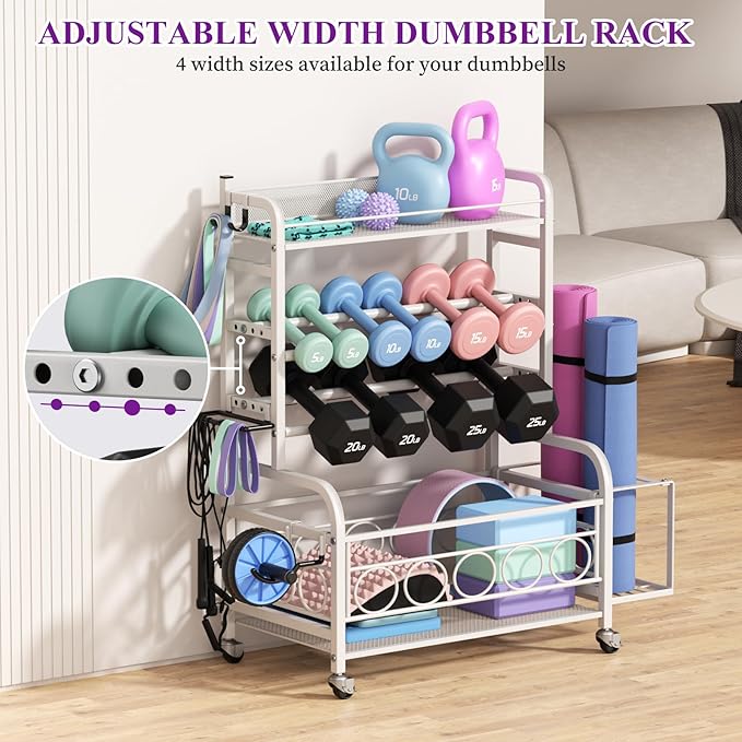 Dumbbell Rack, VOPEAK Weight Rack for Home Gym, Home Gym Storage Rack for Yoga Mat Kettlebells and Strength Training Equipment, Weight Storage Rack for Dumbbells with Wheels