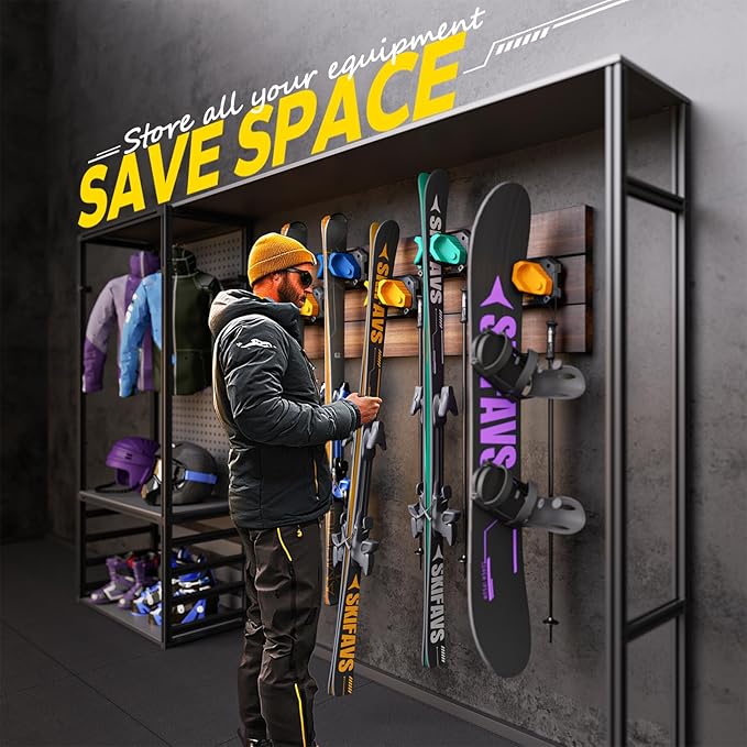 Ski & Snowboard Wall Rack for Garage - Fits Any Ski/board, Damage-Free Storage, Yellow, 1 Pack