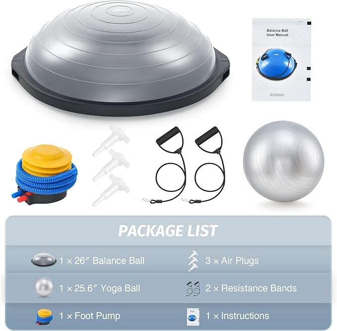 ZELUS 25in. Balance Ball | 660lb Inflatable Half Exercise Ball Wobble Board Balance Trainer w Nonslip Base | Half Yoga Ball Strength Training Equipment w 2 Bands, Pump, Extra Ball Included