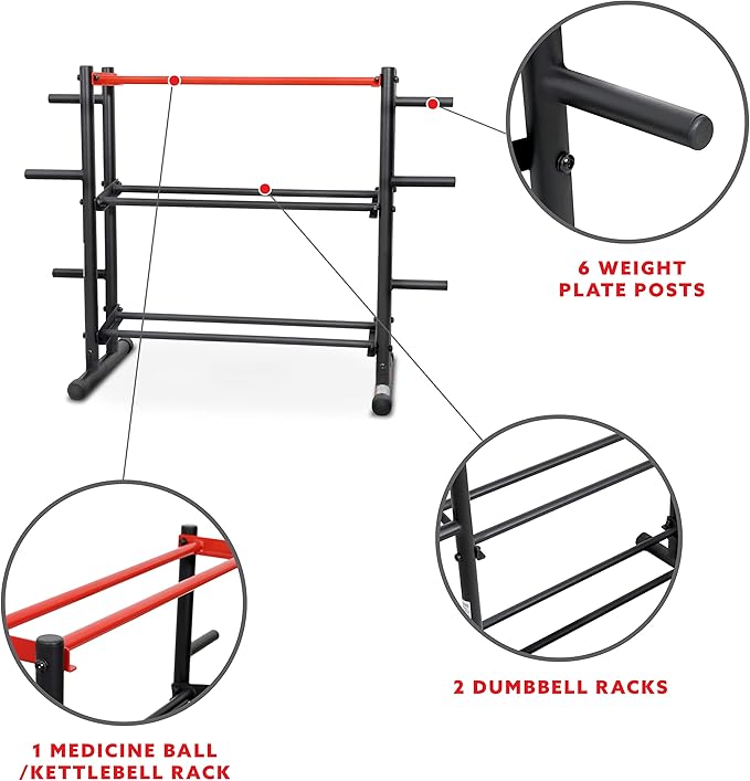 Sunny Health & Fitness Multi-Weight Storage Rack Stand for Dumbbells, Kettlebells, Olympic Weight Plates, Barbell, Medicine Ball