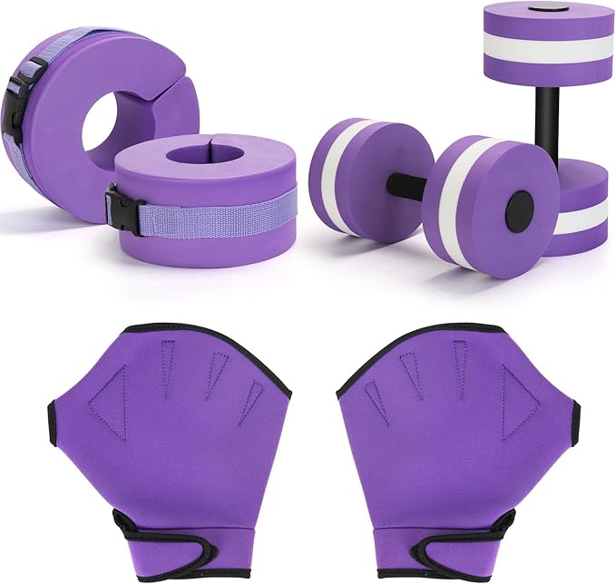 Carperipher Water Aerobics Set for Aquatic Exercise, Pool Fitness Equipment Foam Water Dumbbell Set, New Upgrade Aquatic Dumbbells and Foam Swim Aquatic Cuffs, Water Workout Fitness Tool(Purple)