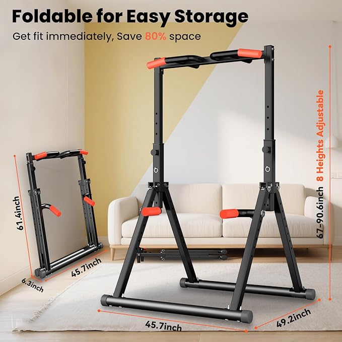 Power Tower Pull Up Dip Station Foldable, Pull Up Bar Station Adjustable, Multi-Function Home Gym, Strength Training Fitness Equipment, Triangular Design, for Home Outdoor