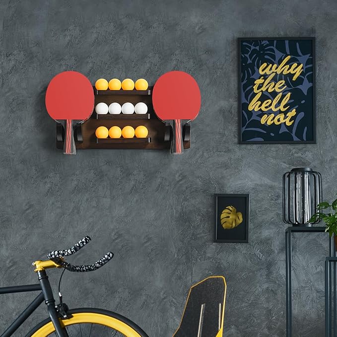 ikkle Ping Pong Paddle Holder Wall Mounted Table Tennis Racket Display for 6 Paddles and 12 Balls Storage, Ping Pong Accessories Organizer in Game Room, Man Cave, Bar Room, Garage, Office, Home