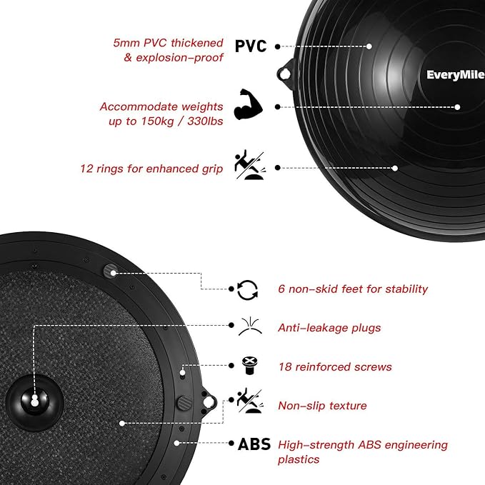 EVERYMILE Balance Ball Trainer with Resistance Bands & Pump Stability, 23.6 inch Yoga Exercise Ball for Home Gym Core Training Anti-Skid Surface