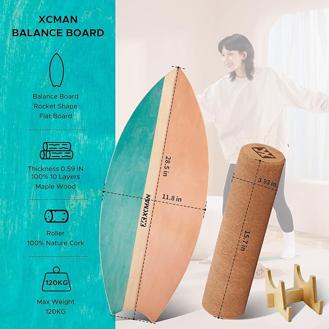 XCMAN Surf Balance Board Trainer with Roller Wooden Exercise Balancing Stability Trainer - Non Slip Surface for Adults Kids|Balance Board for Surfing,Snowboarding,Skateboarding,Hockey,Yoga Training