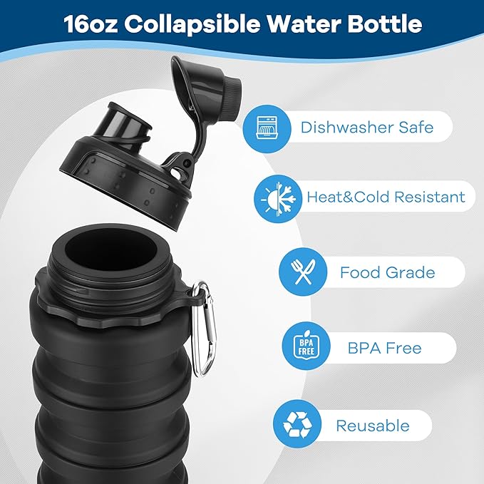 Collapsible Water Bottles 17oz, Reuseable BPA Free Silicone Foldable Water Bottle With Carabiner, Lightweight Leakproof Travel Water Bottle for Gym, Traveling, Camping, Hiking, Sports-Blue