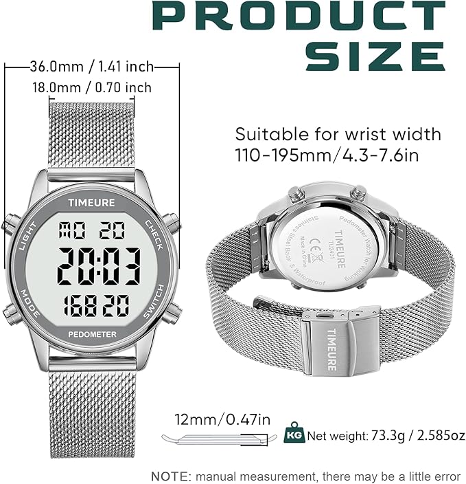 Women's Step Counter Pedometer Watch with Stainless Steel Bracelet, Stylish Design, No App, No Charging Needed for Step, Calorie, Distance, Alarm, Countdown Timer,TU-2401