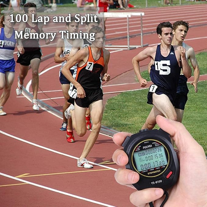 Sports Stopwatch Timer 100 Lap Split Memory Digital Stopwatch 12/24 Hour 3 Rows