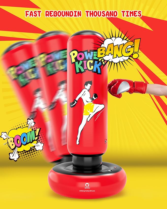 QPAU Kids Punching Bag Toy with Boxing Gloves, 66 Inch Larger Stable Kids Inflatable Boxing Bag Set, Gifts for Boys & Girls Age 6-12, for Practicing Karate, Taekwondo, MMA